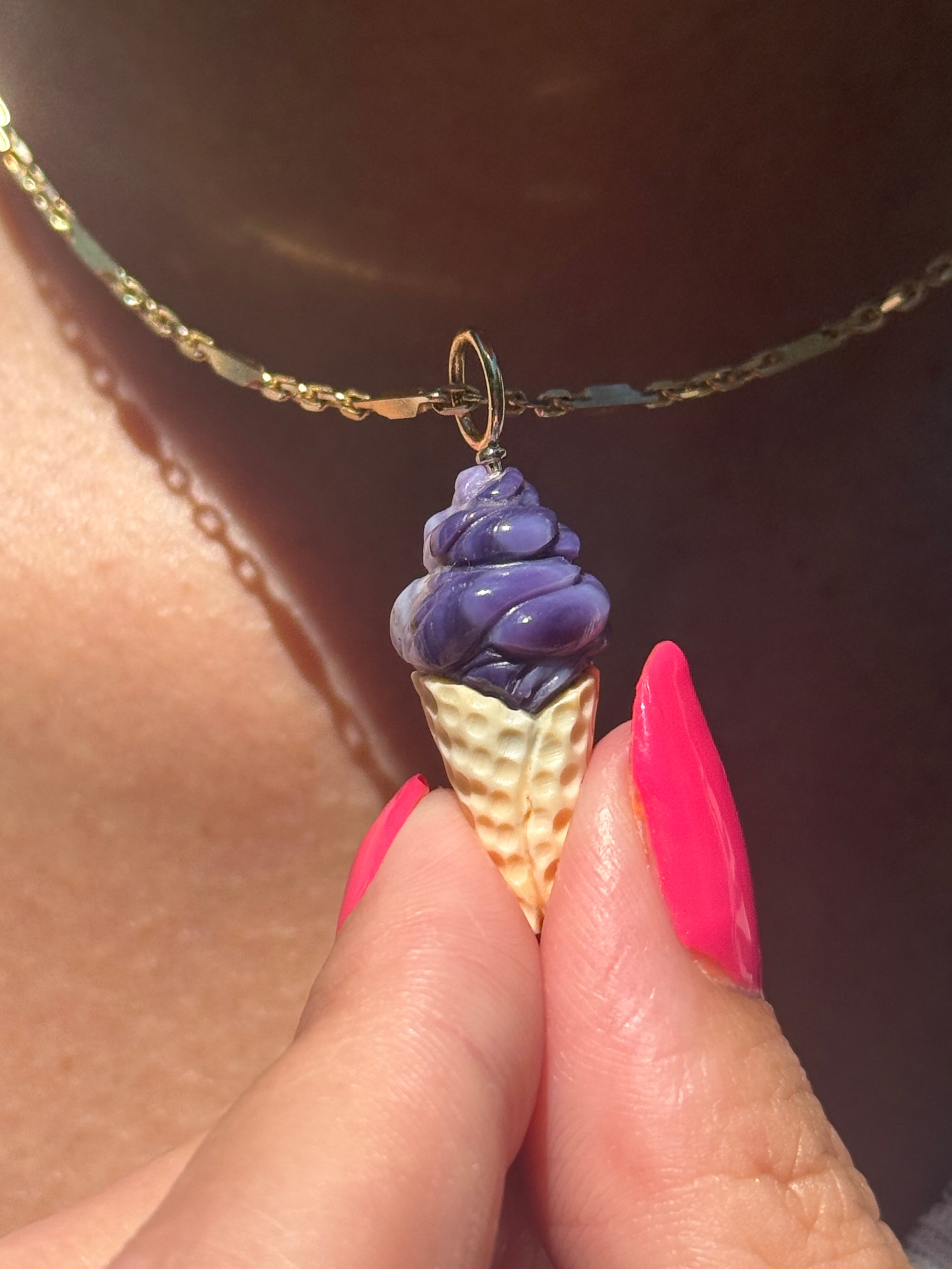 Blueberry Ice Cream Cone charm on a gold chain worn by model. Designed by maura green