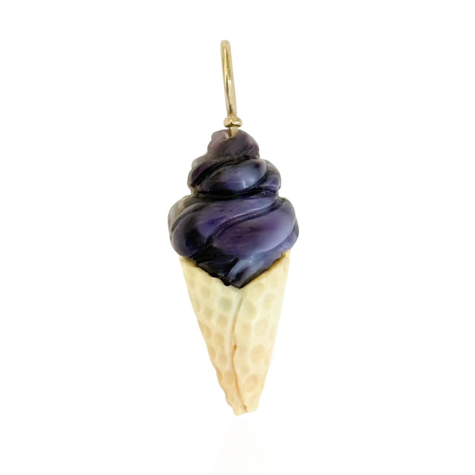 Purple ice cream cone charm on a white background, designed by maura green