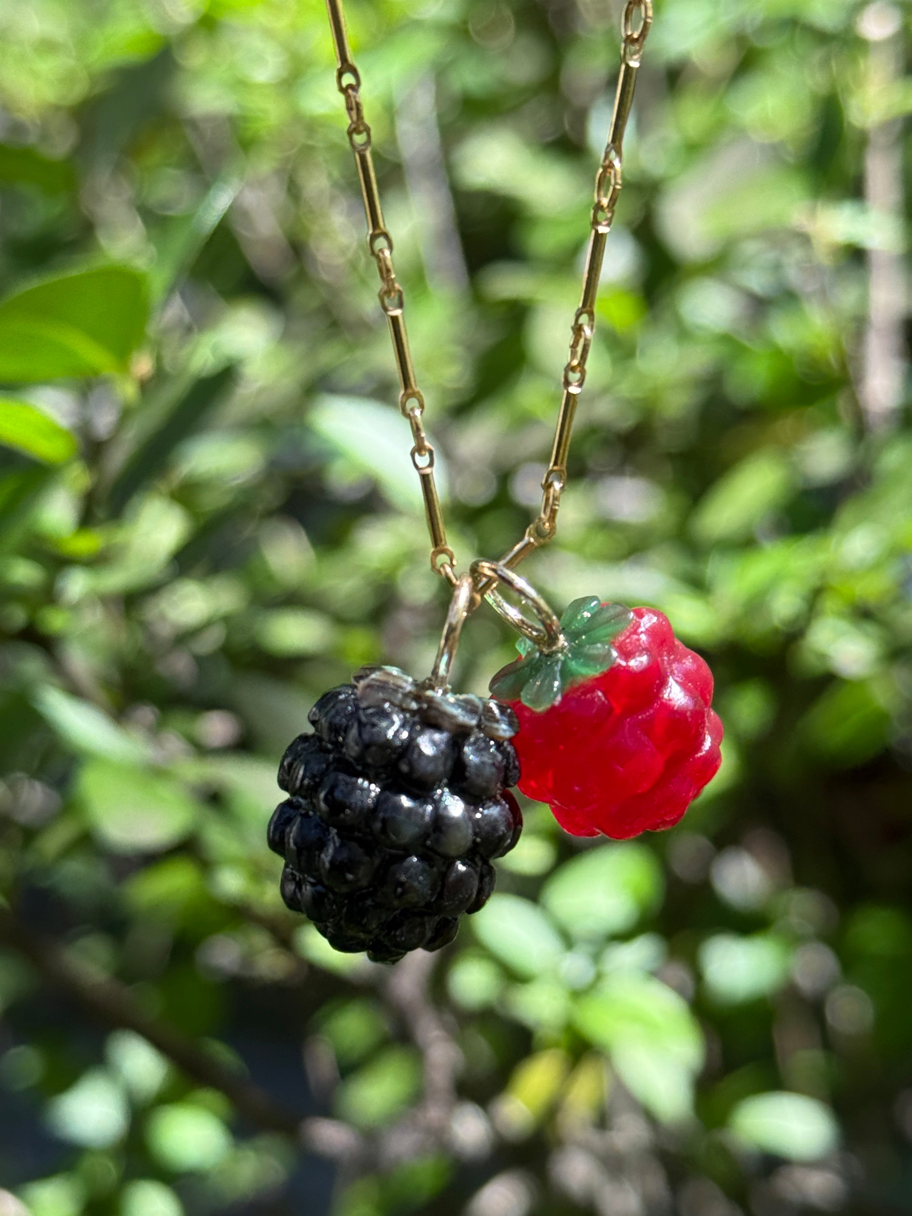 Necklace with red raspberry and black blackberry pendants against a blurred green background