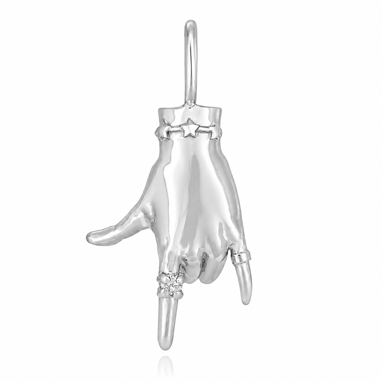 White Gold ASL "I Love You" ladyfinger charm by Maura Green with diamond ring against a white background 